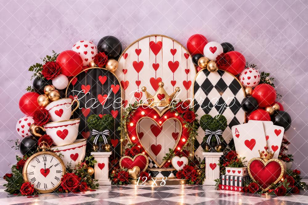 Kate Valentine's Day Red Hearts Balloons Roses Checkerboard Printed Backdrop Designed by Laura Bybee