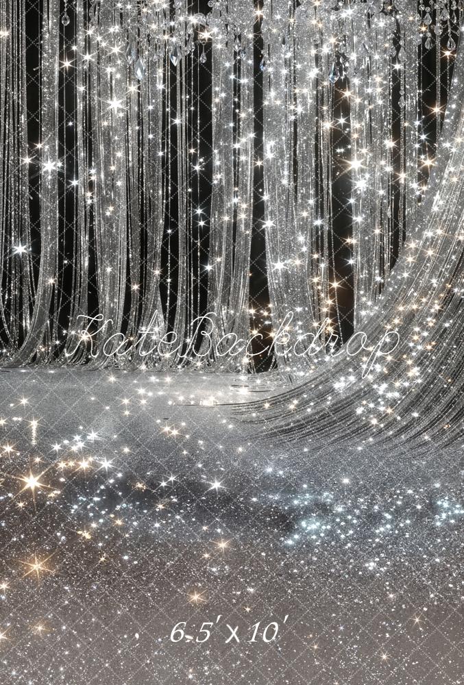 Kate Silver Glitter Crystal Chandelier Drapes Printed Backdrop Designed by Chain Photography