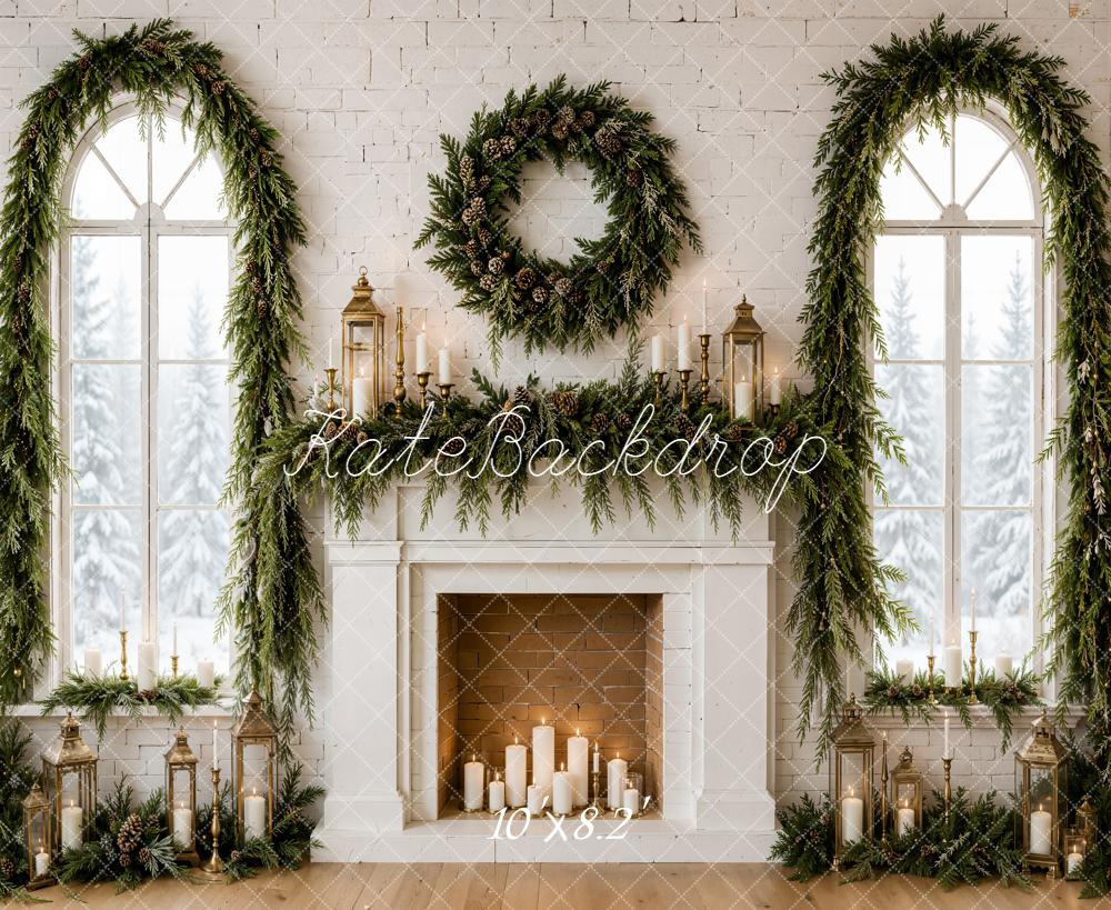 Kate Christmas Evergreen Garland Wreath White Fireplace Printed Backdrop Designed by Emetselch