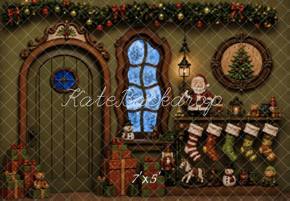 Kate Christmas Fantasy Green Fireplace Stockings Santa Gifts Printed Backdrop Designed by Vertigo Productions