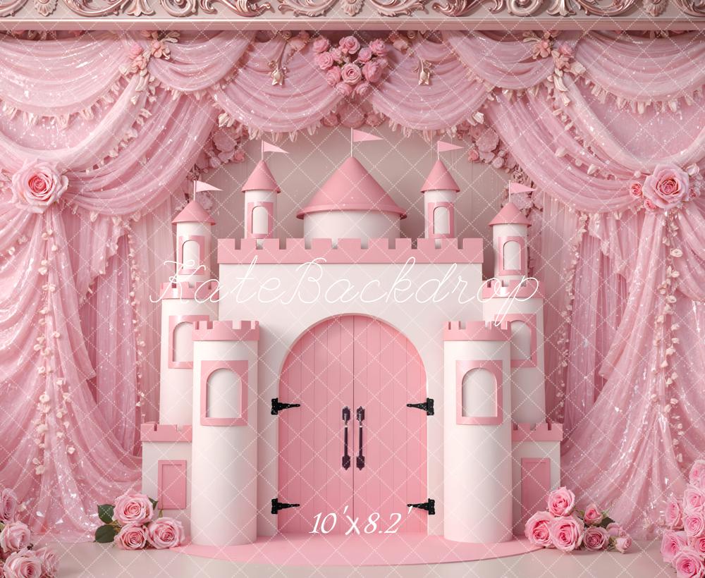 Kate Pink Castle Flower Arch Drapes Printed Backdrop Designed by Mini MakeBelieve