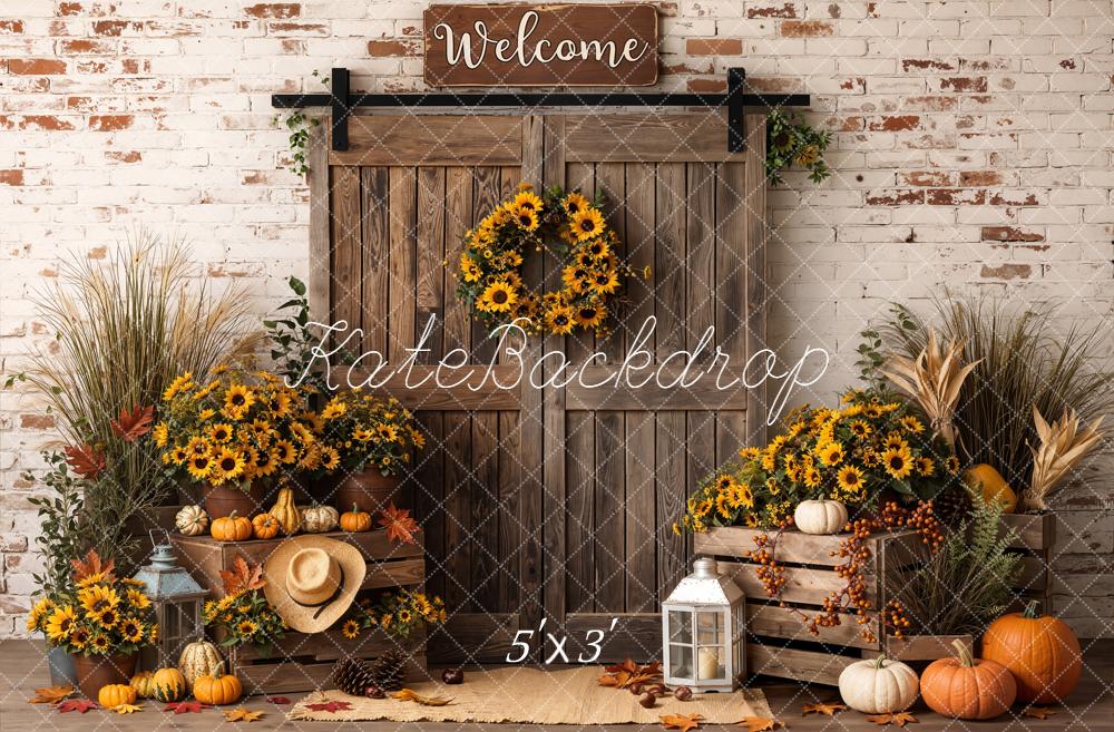 Kate Fall Sunflower Pumpkin Barn Door Rustic Printed Backdrop Designed by Emetselch