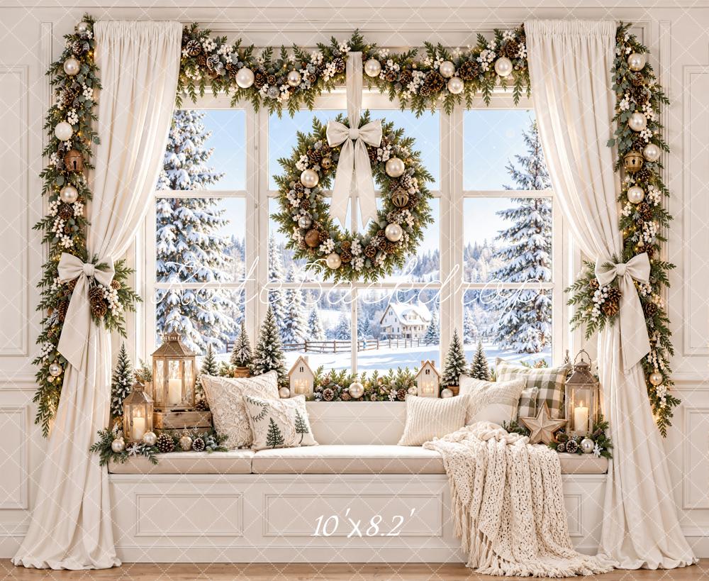 Kate Christmas Bay Window Wreath Garland White Curtains Printed Backdrop Designed by Emetselch