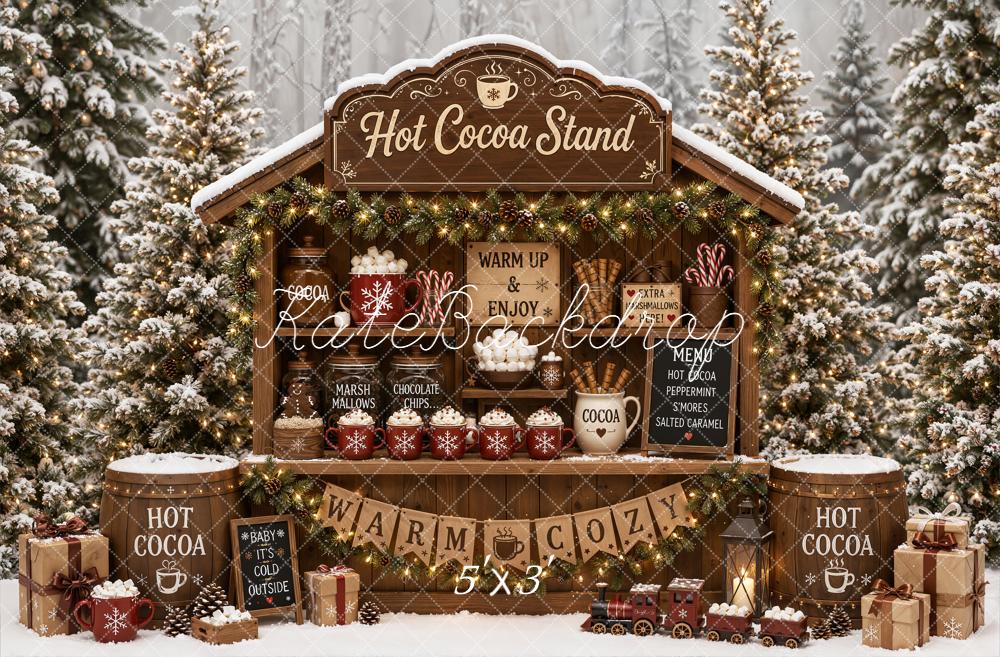 Kate Christmas Hot Cocoa Stand Snowy Forest Printed Backdrop Designed by Emetselch