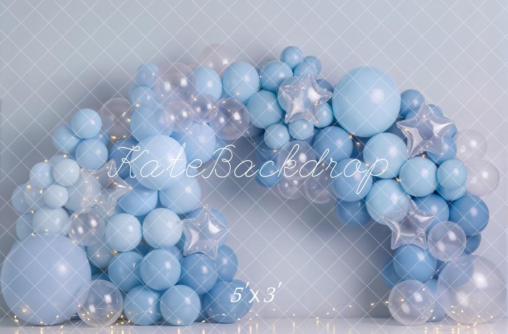 Kate Cake Smash Blue Balloon Arch with Clear Balloons and Silver Stars Printed Backdrop Designed by Emetselch