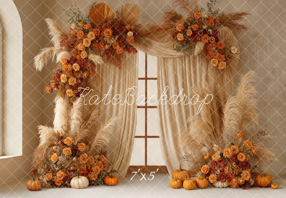 Kate Fall Boho Flower Arch Pumpkins Window Curtains Backdrop Designed by Emetselch