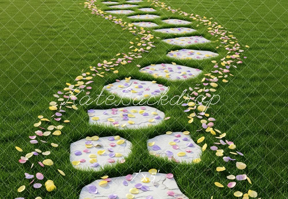 Kate Spring Stone Pathway On Grass With Flower Petals Floor Backdrop Designed by Patty Roberts