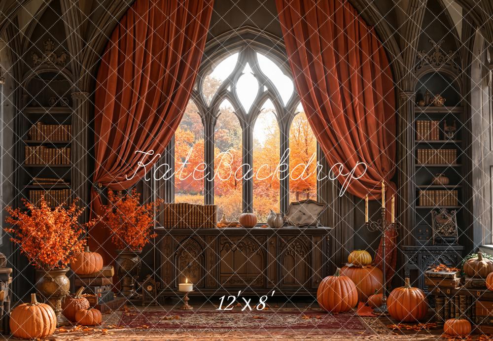 Kate Fall Gothic Arched Window Library Pumpkins Curtains Backdrop Designed by Emetselch