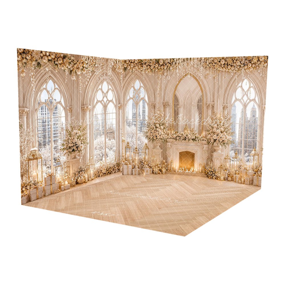 Kate Christmas Luxury White Floral Fireplace Windows City View Printed Backdrop Room Set
