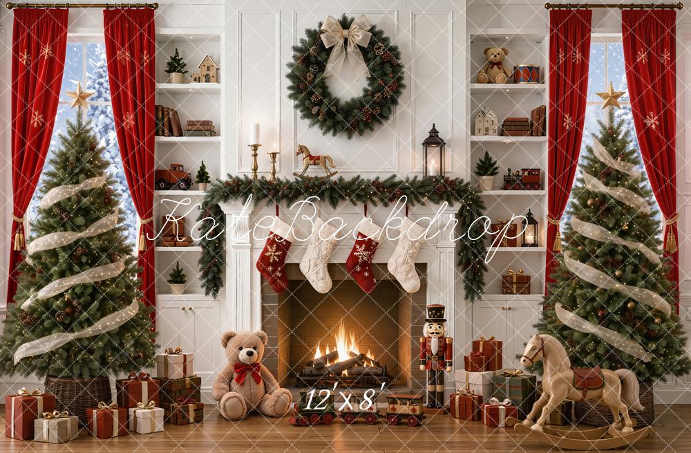 Kate Christmas Fireplace Christmas Tree Presents Rocking Horse Nutcracker Printed Backdrop Designed by Emetselch