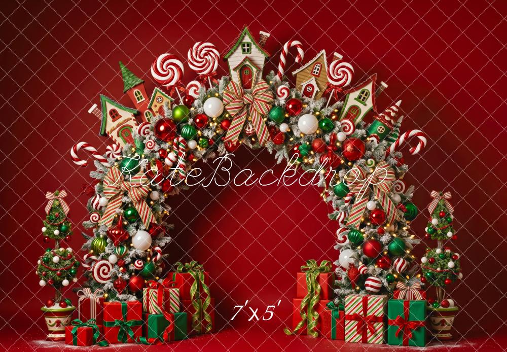Kate Christmas Red Candy Cane Arch Gingerbread Houses Printed Backdrop Designed by Patty Roberts