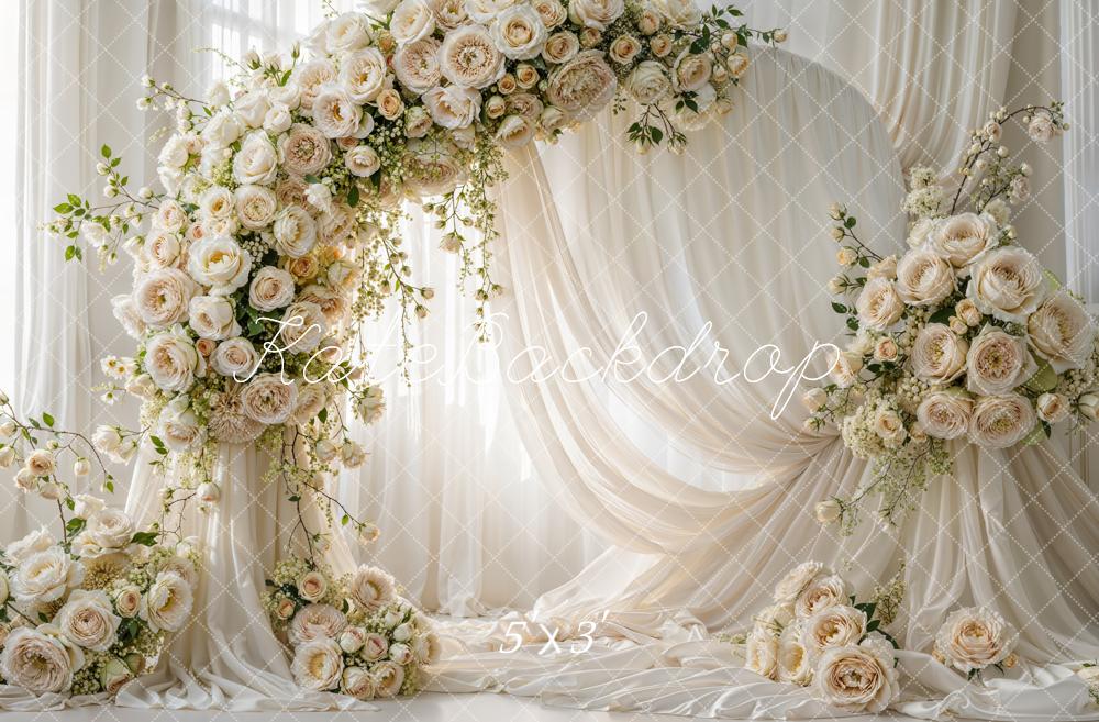 Kate Summer Flower Arch Cream Roses Draped Fabric Printed Backdrop Designed by Emetselch