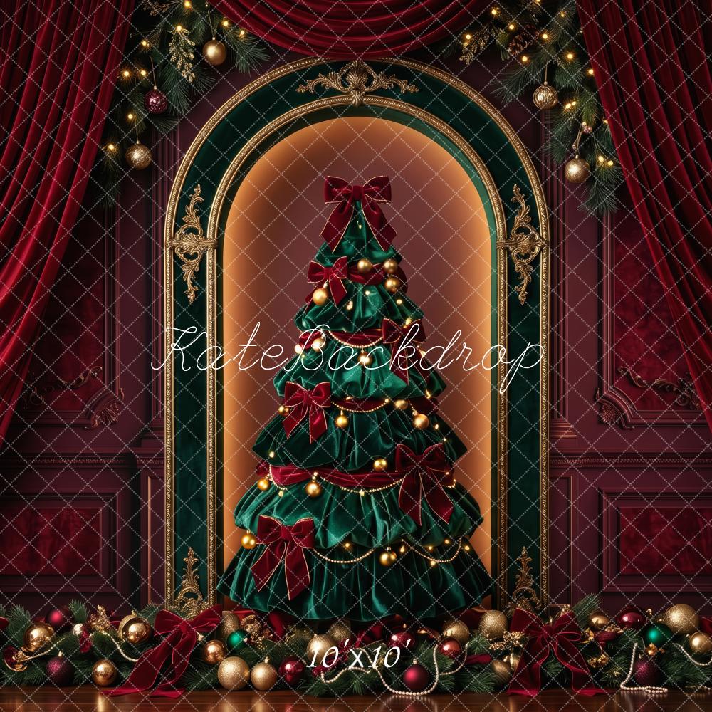 Kate Christmas Tree Elegant Red Velvet Curtains Ornaments Printed Backdrop Designed by Patty Roberts