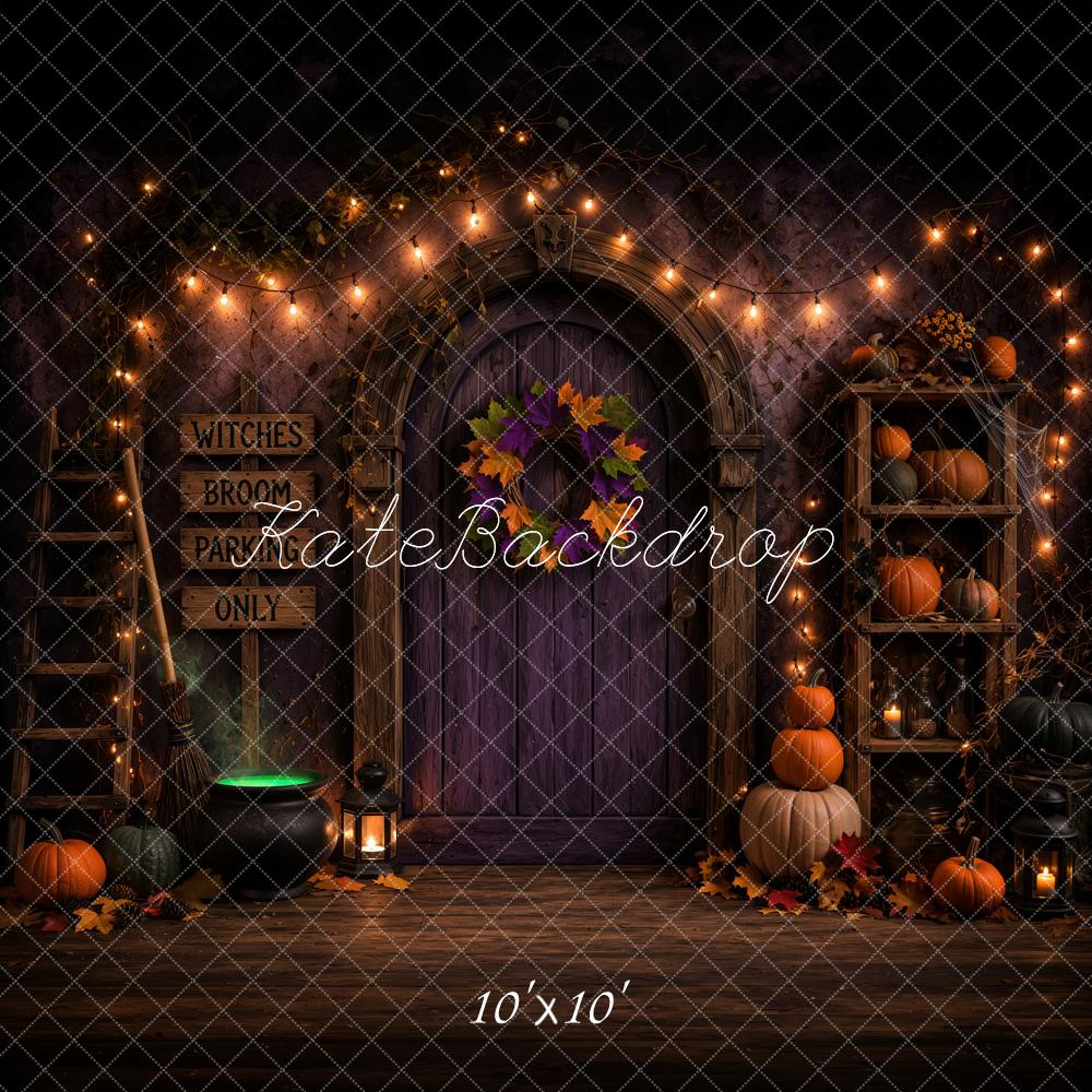 Kate Halloween Witch Doorway Pumpkins Shelf Printed Backdrop Designed by Ashley Ward