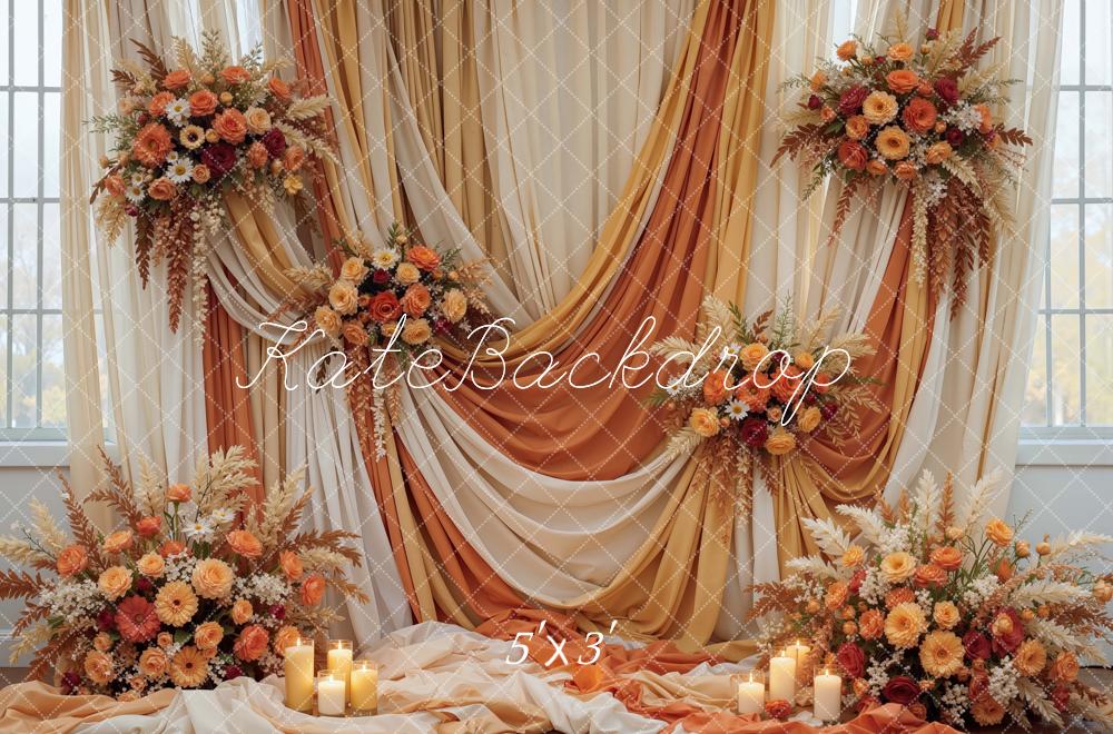 Kate Fall Flowers Drapes Candles Orange White Printed Backdrop Designed by Mini MakeBelieve