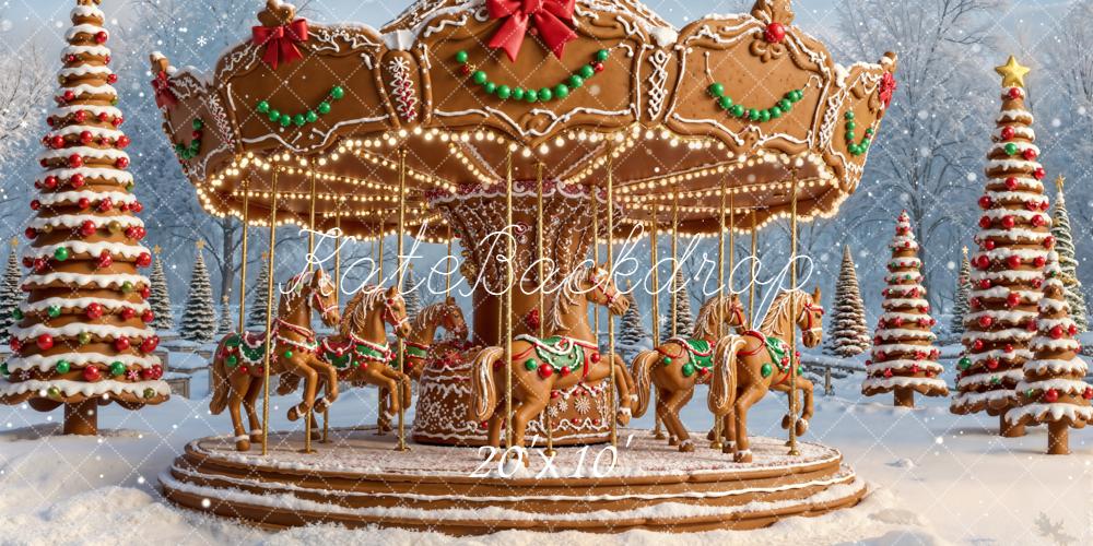 Kate Christmas Carousel Gingerbread Horses Snowy Trees Backdrop Designed by Emetselch