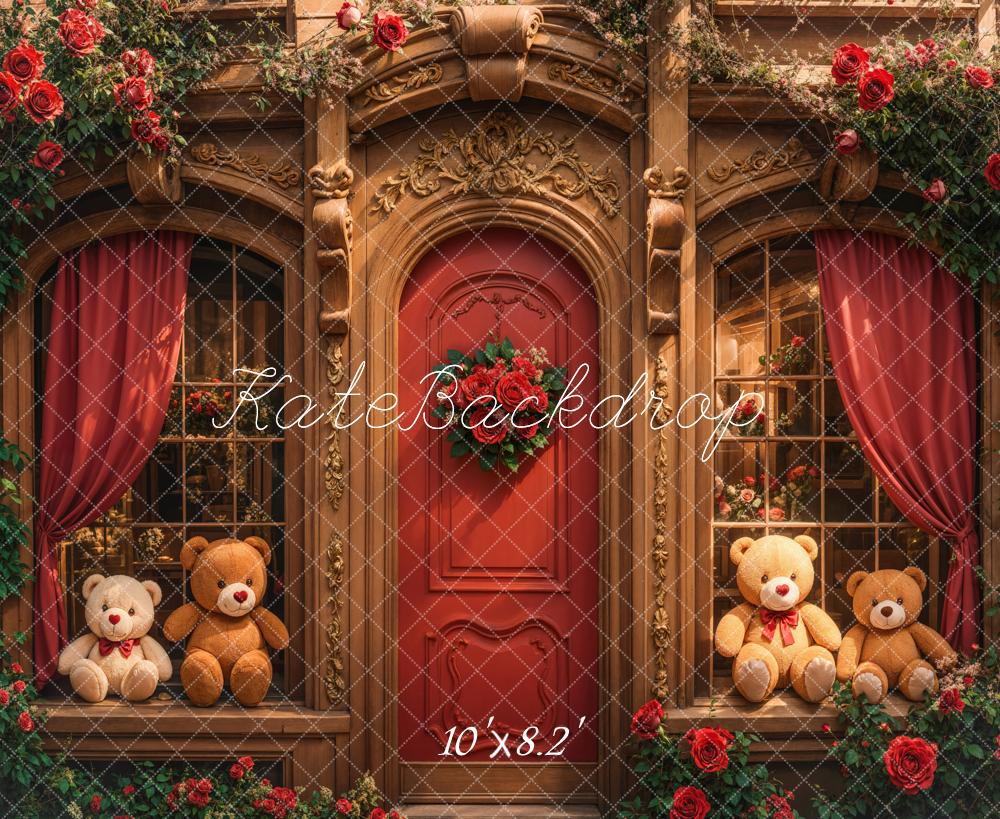 Kate Retro Arch Wooden Teddy Bear Roses Door Backdrop Designed by Emetselch