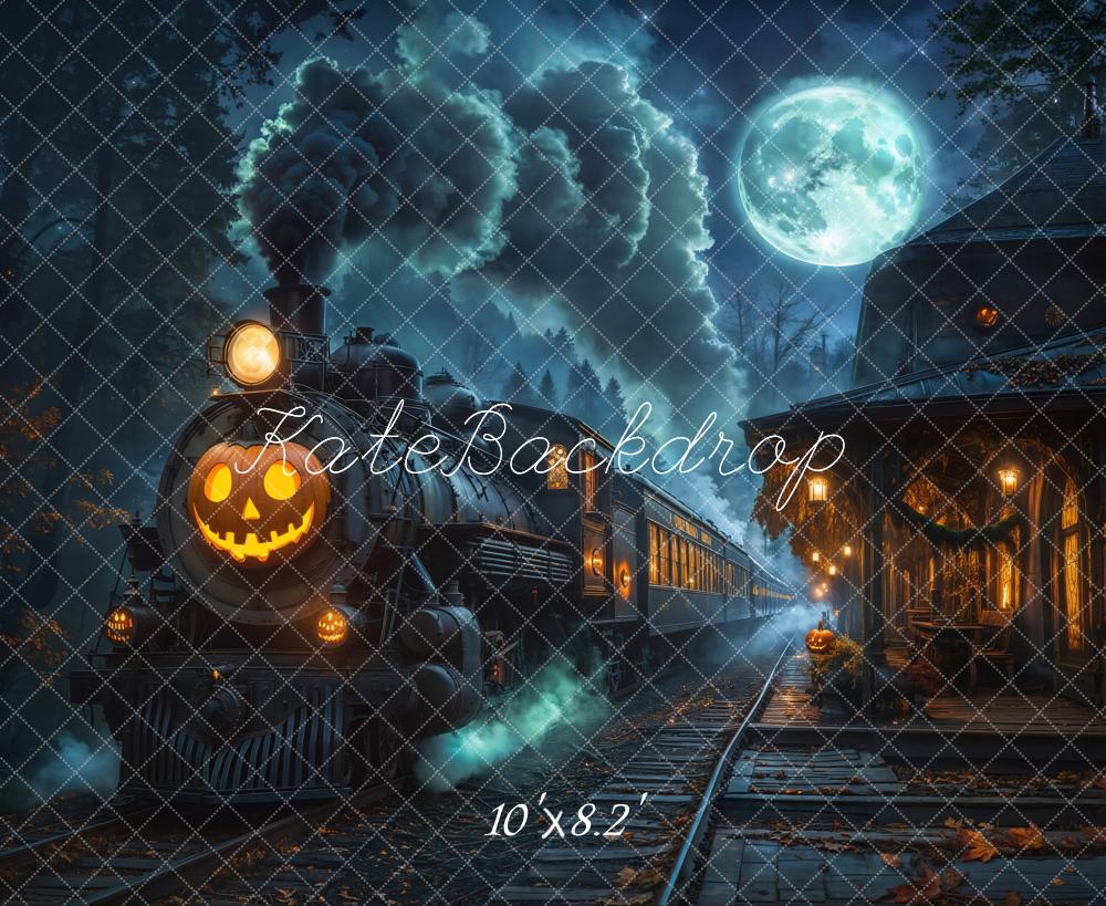 Kate Halloween Haunted Train Station Pumpkin Lantern Moon Printed Backdrop Designed by Emetselch