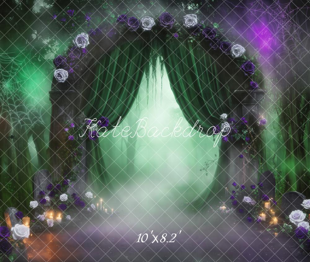 Kate Halloween Gothic Misty Forest Arch Green Curtains Spiderweb Backdrop Designed by Emetselch