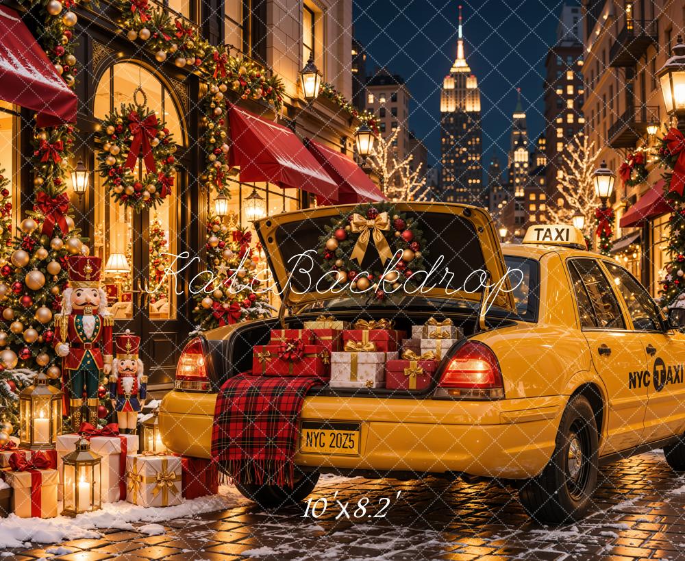 Kate Christmas Urban Yellow Taxi Gift City Street Shop Printed Backdrop Designed by Emetselch