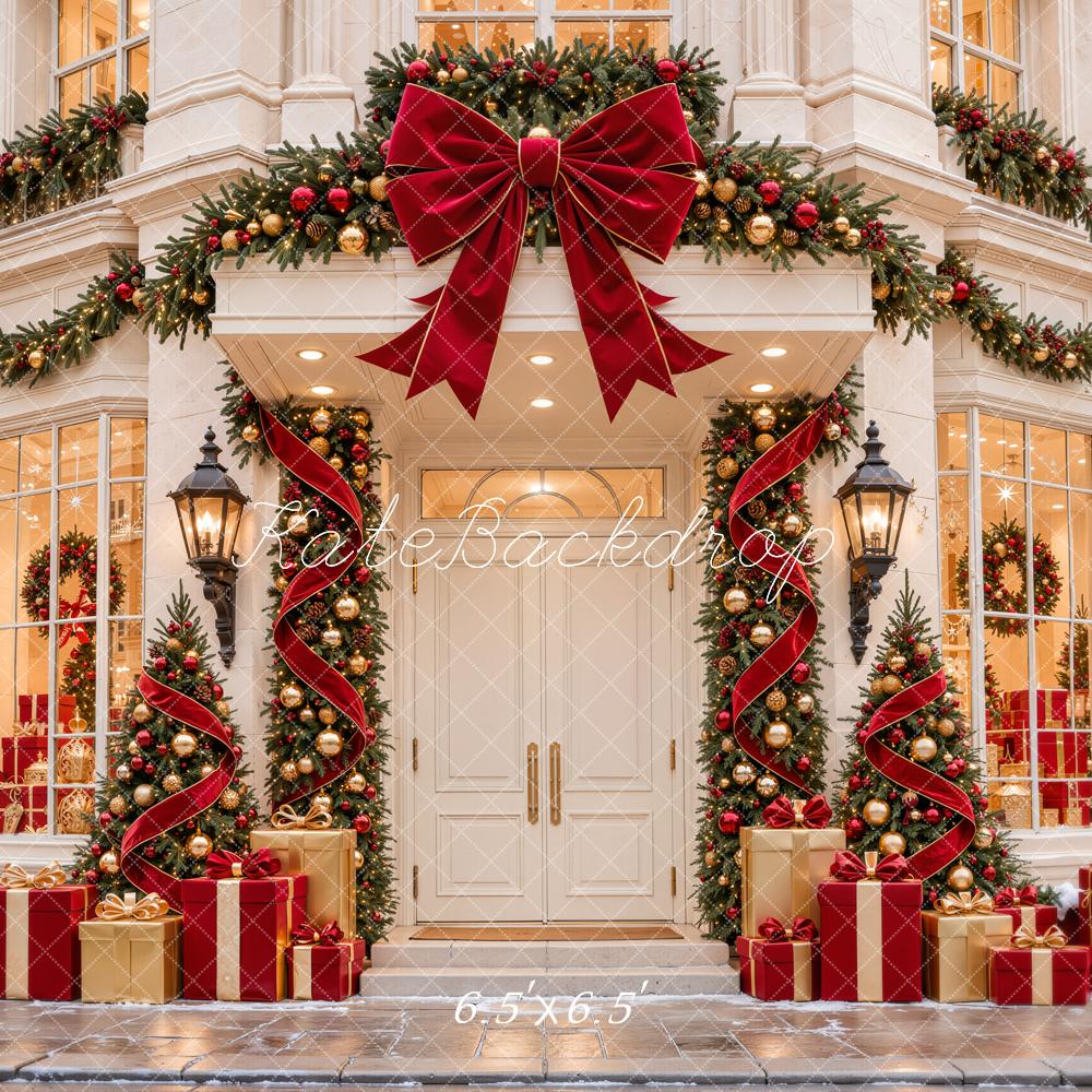Kate Christmas Red Storefront Garland Bow Gift Boxes Printed Backdrop Designed by Emetselch