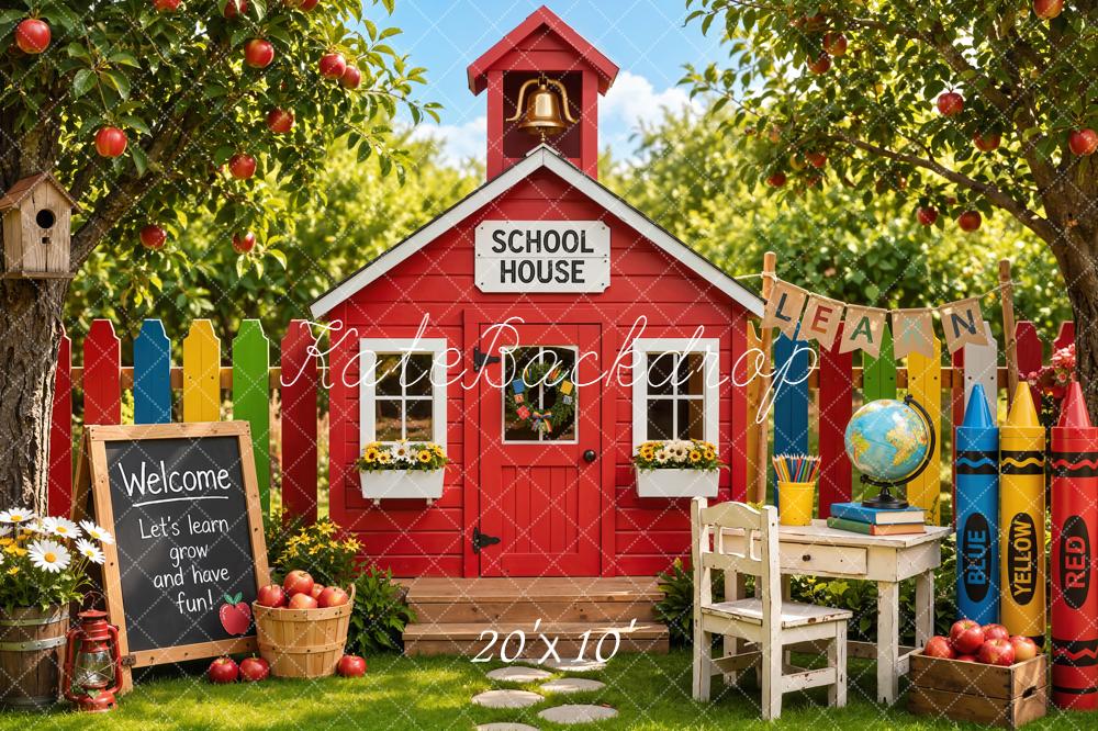 Kate Back to School Red Schoolhouse Apple Trees Crayons Desk Printed Backdrop Designed by Emetselch