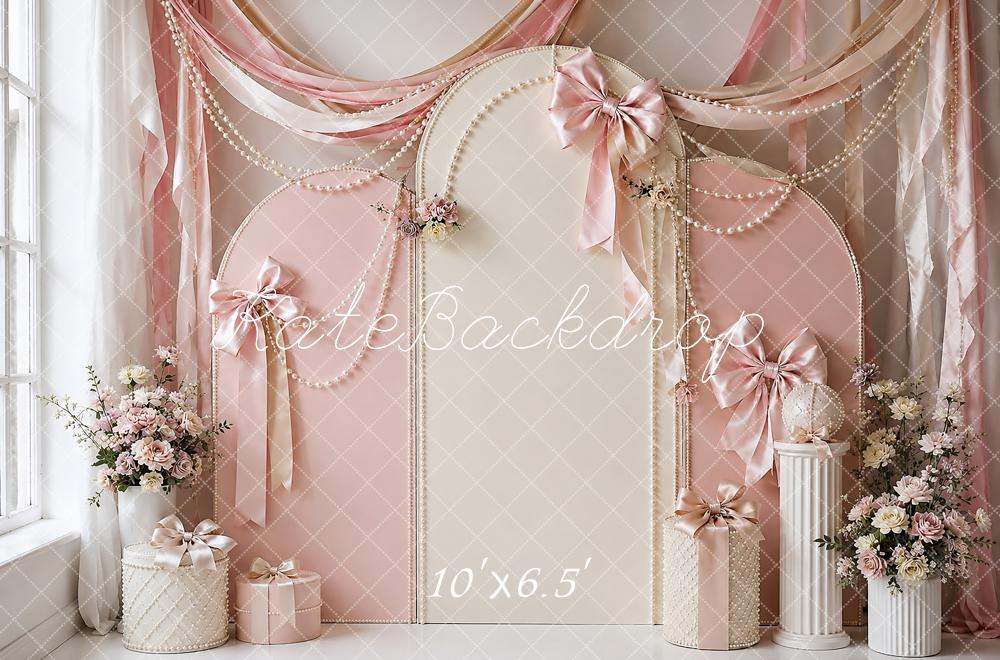 Kate Cake Smash Pink Ribbon Pearl Bow Printed Backdrop Designed by Shutter Swan Studios