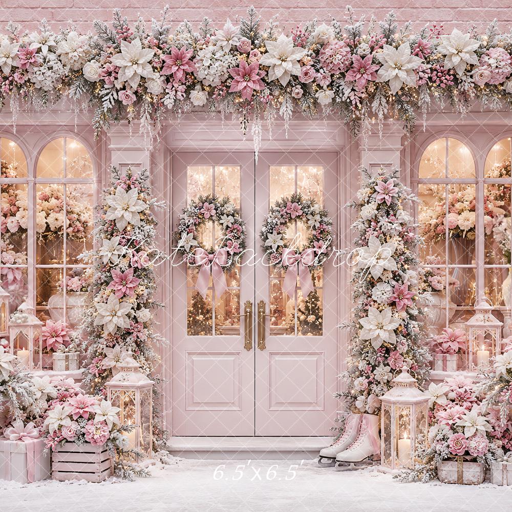 Kate Christmas Pink Snowy Floral Front Door Printed Backdrop Designed by Ashley Paul