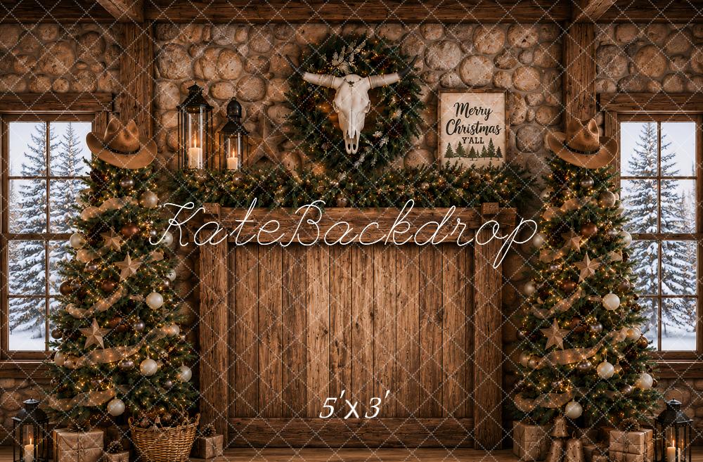 Kate Christmas Headboard Western Cow Skull Christmas Trees Stone Wall Printed Backdrop Designed by Ashley Paul
