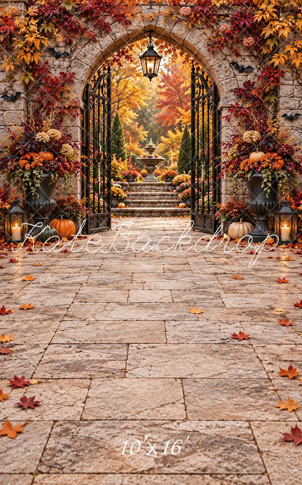 Kate Sweep Fall Stone Arch Garden Gate Printed Backdrop Designed by Vertigo Productions