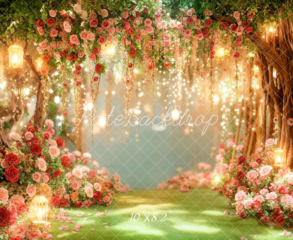 Kate Valentines Romantic Flower Arch Trees Fairy Lights Printed Backdrop Designed by Emetselch