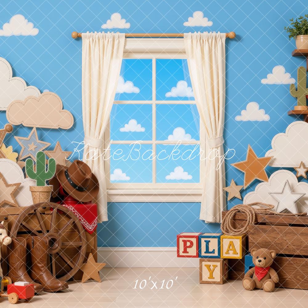 Kate Birthday Cowboy Western Clouds Cactus Stars Toys Printed Backdrop Designed by Mini MakeBelieve