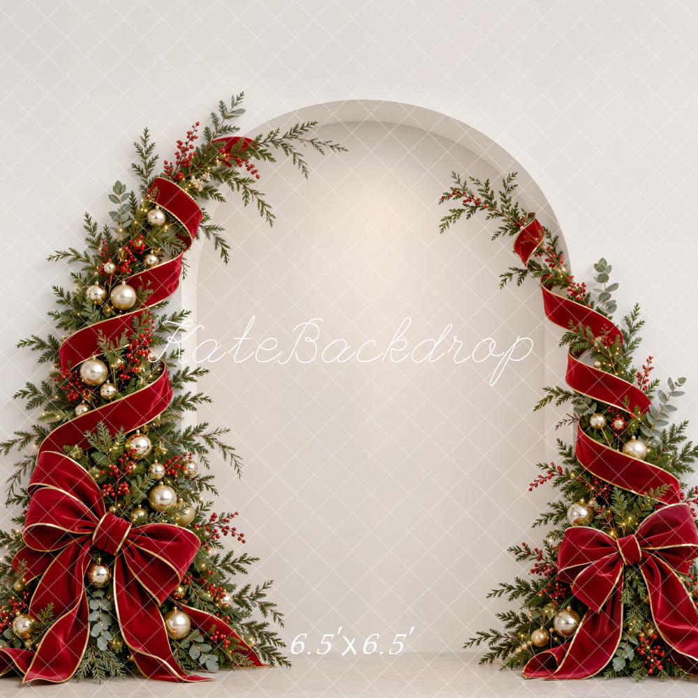 Kate Christmas Arch Red Ribbon Bow Garland White Wall Printed Backdrop Designed by Emetselch