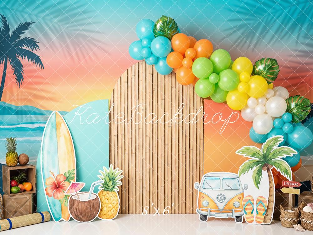 Kate Summer Beach Bamboo Arch Palm Tree Surfboard Printed Backdrop Designed by Patty Roberts