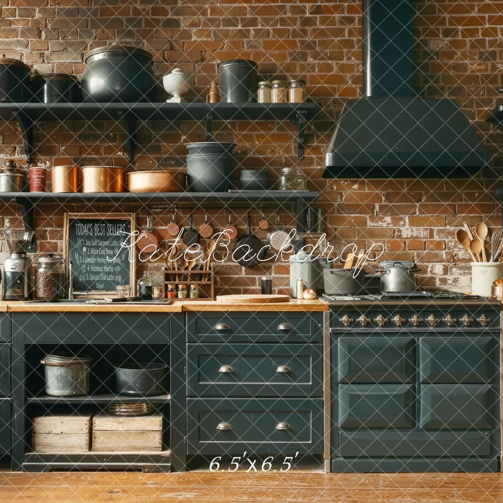 Kate Rustic Kitchen Brick Wall Shelves Cookware Backdrop Designed by Chain Photography