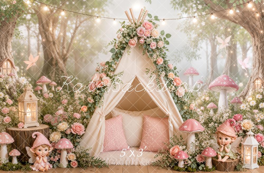 Kate Fairy Fantasy Tent Pink Mushrooms Flowers Forest Printed Backdrop Designed by Emetselch