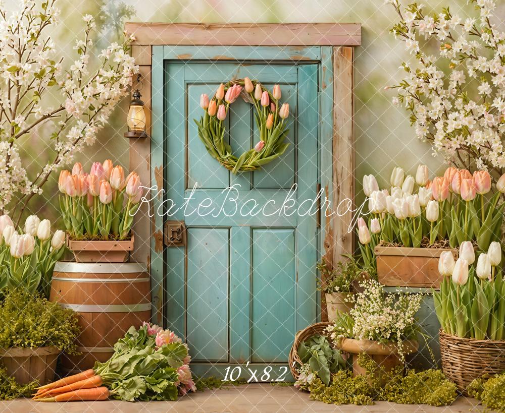 Kate Spring Blue Door Tulips Flower Garden Backdrop Designed by Emetselch