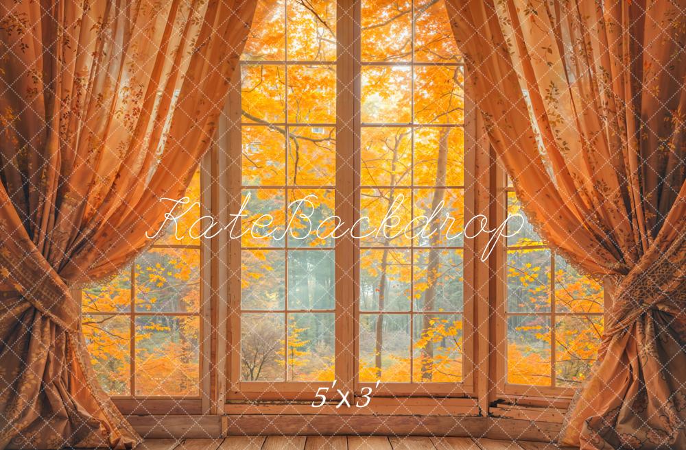 Kate Fall Window Orange Curtains Maple Forest Backdrop Designed by Emetselch