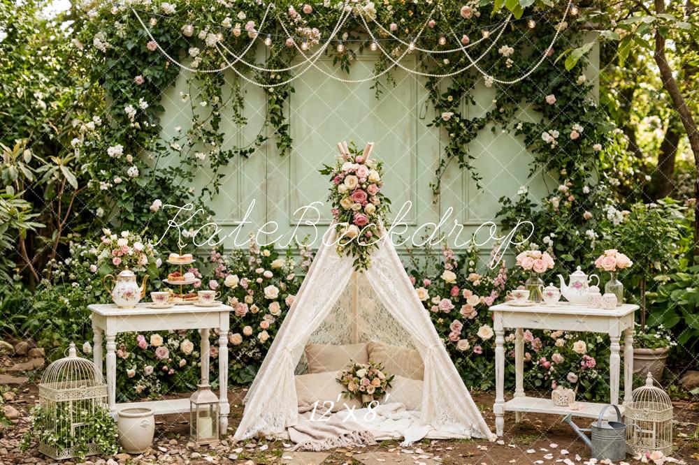 Kate Fairy Garden Flower Arch Tea Party Printed Backdrop Designed by Patty Roberts