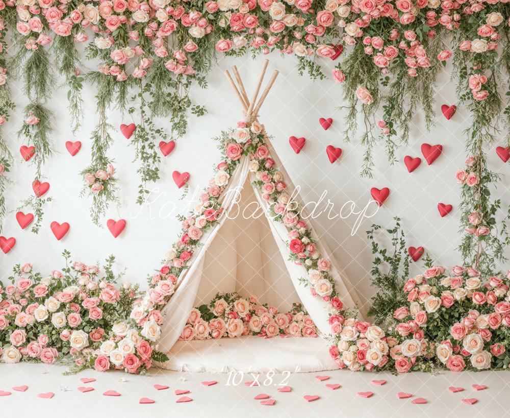Kate Valentine's Day Floral Teepee Pink Roses Hearts Backdrop Designed by Emetselch