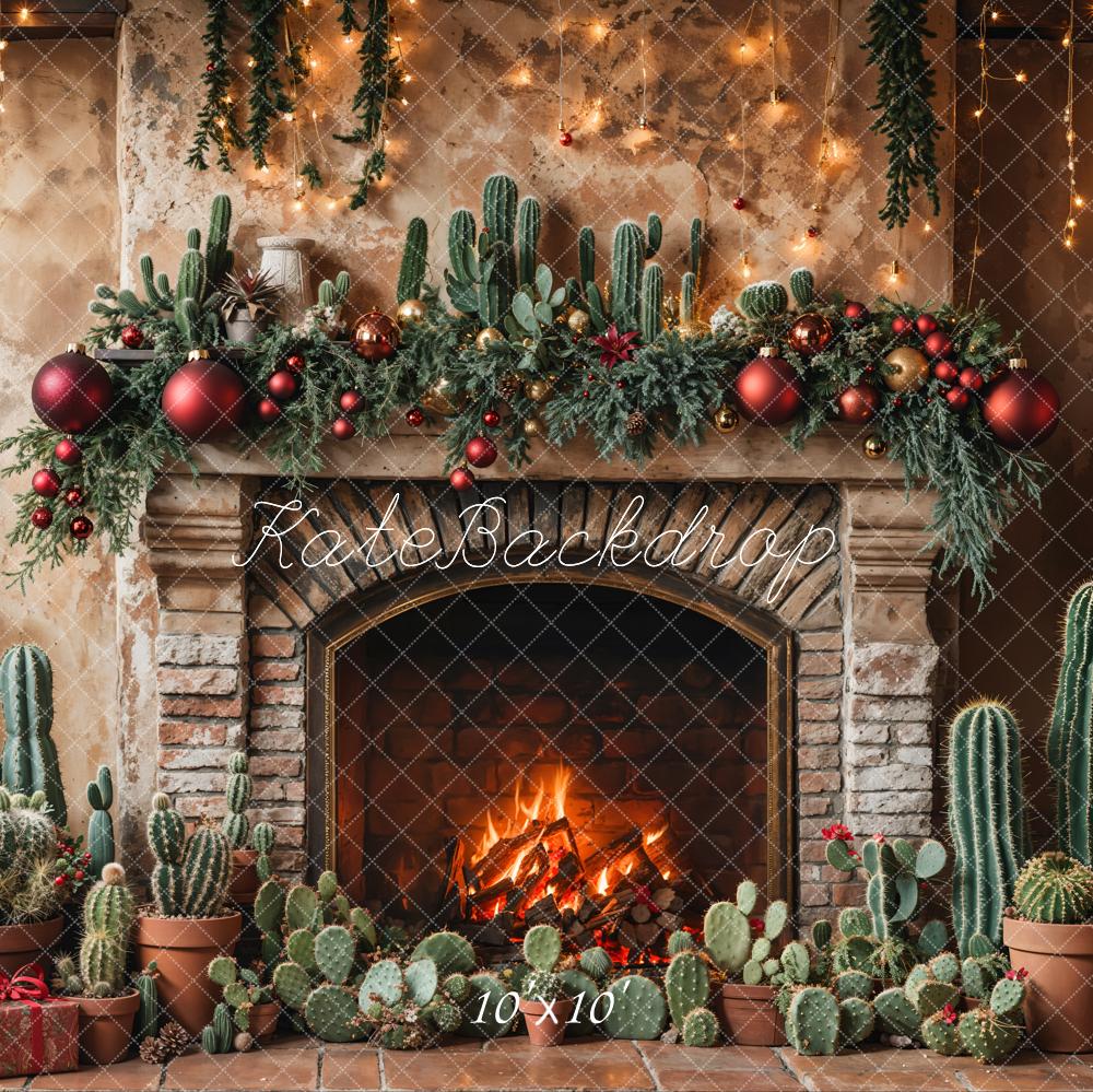 Retro Wand Kerst Cactus Haard Foto Achtergrond Designed by Emetselch