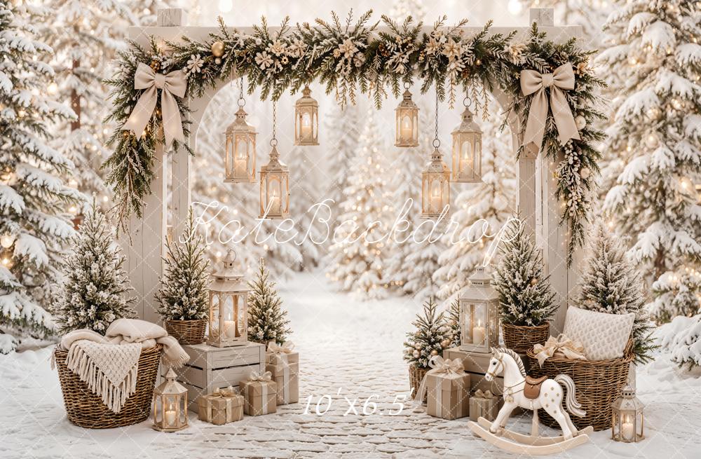 Kate Christmas Garland Arch Lanterns Snowy Forest Rocking Horse Printed Backdrop Designed by Emetselch