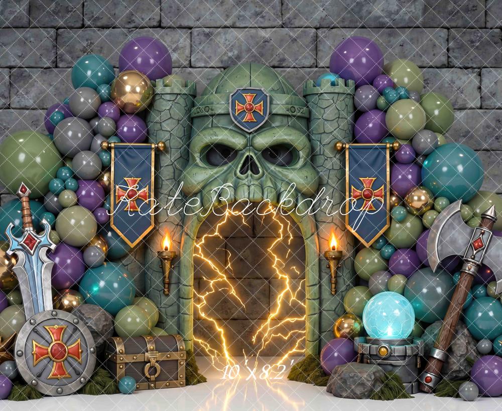 Kate Fantasy Skull Castle Balloons Medieval Weapons Stone Printed Backdrop Designed by Mini MakeBelieve