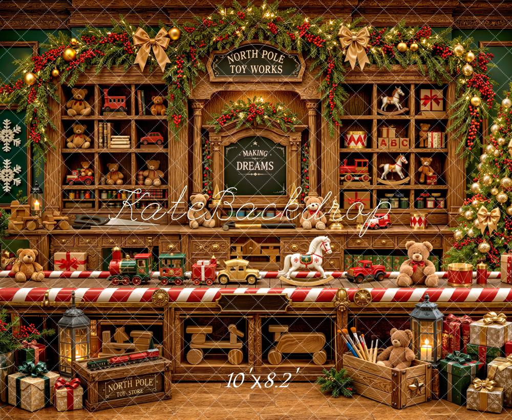 Kate Christmas North Pole Toy Workshop Wooden Shelves Printed Backdrop Designed by Mini MakeBelieve