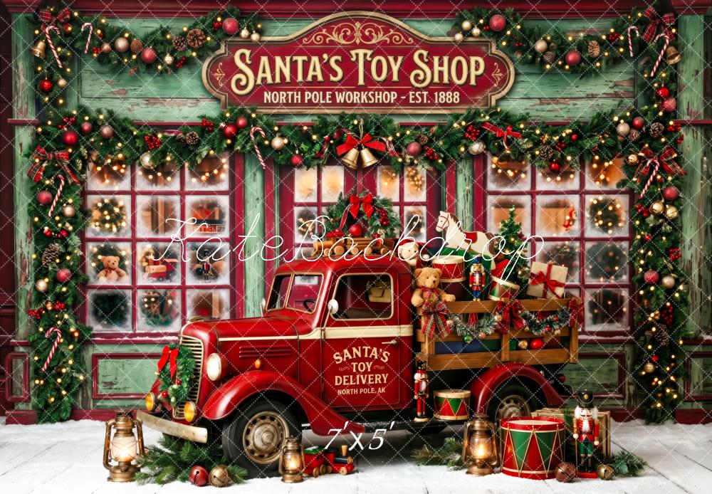 Kate Christmas Truck Santa's Toy Shop Garland Gifts Printed Backdrop Designed by Patty Roberts