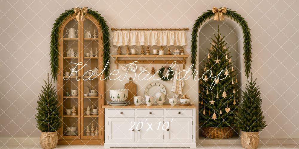 Kate Christmas Tree Modern Kitchen Cabinet Garland Gold Bow Printed Backdrop Designed by Emetselch