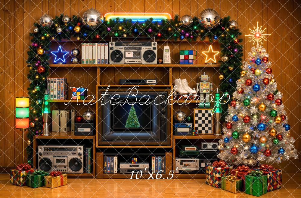 Kate Christmas Retro 80s Wall Shelf Christmas Tree Disco Ball Printed Backdrop Designed by Mini MakeBelieve