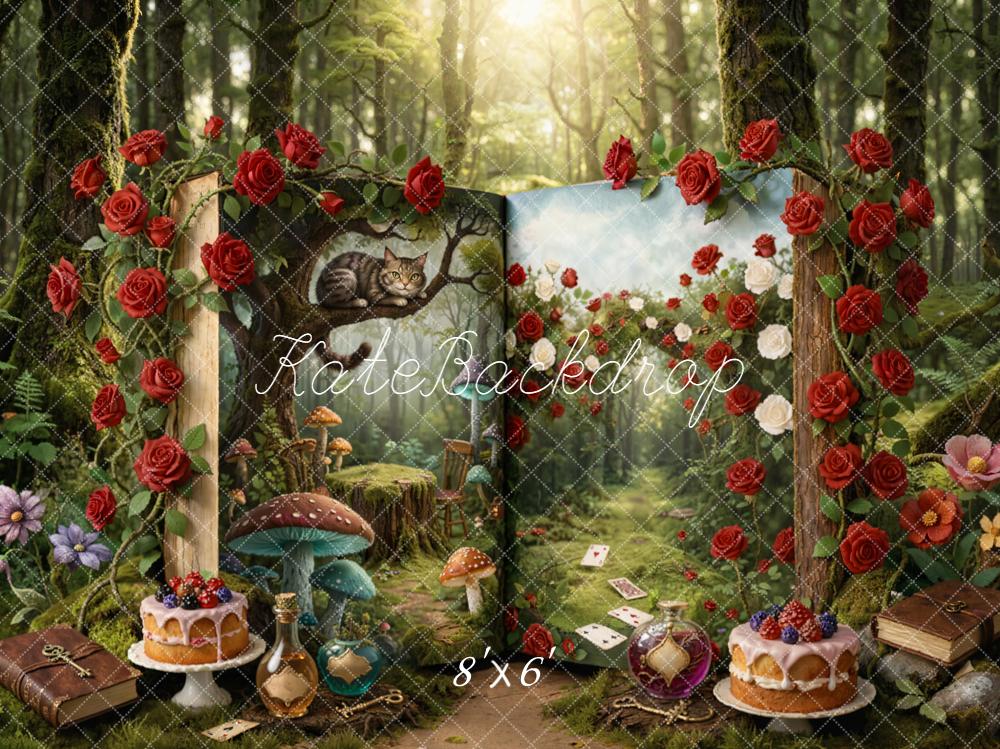 Kate Fairy Fantasy Open Book Forest Roses Mushrooms Cat Backdrop Designed by Emetselch