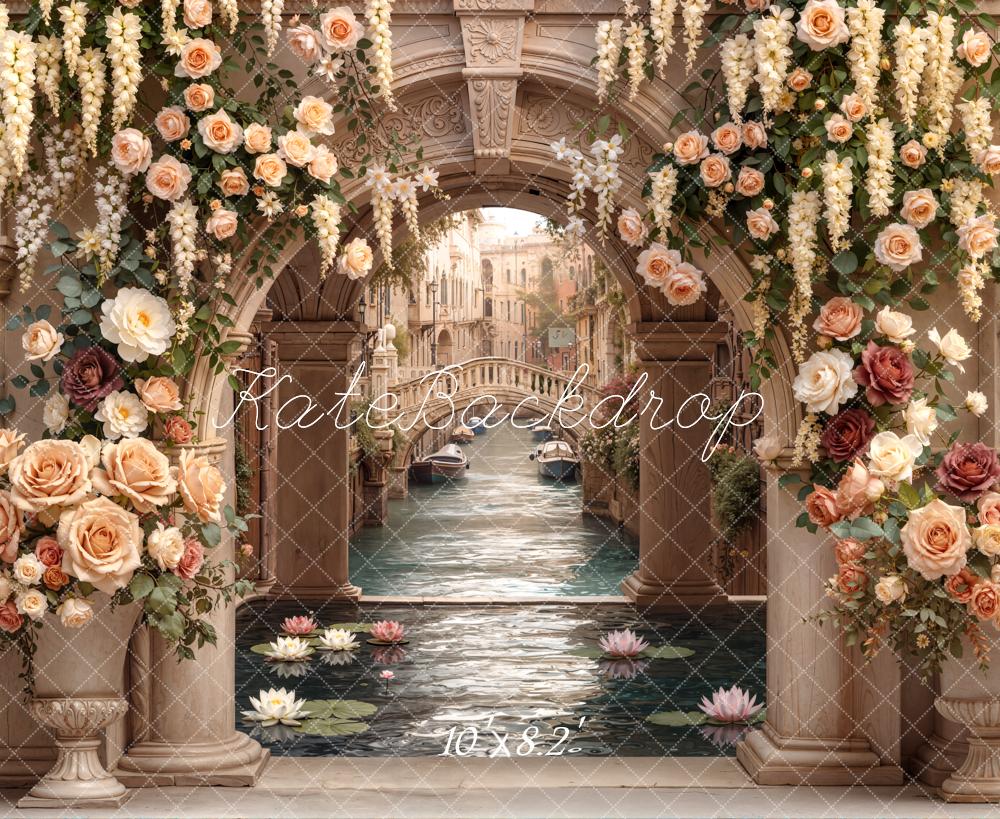 Kate Flower Arch Venetian Canal Floral Columns Printed Backdrop Designed by Emetselch