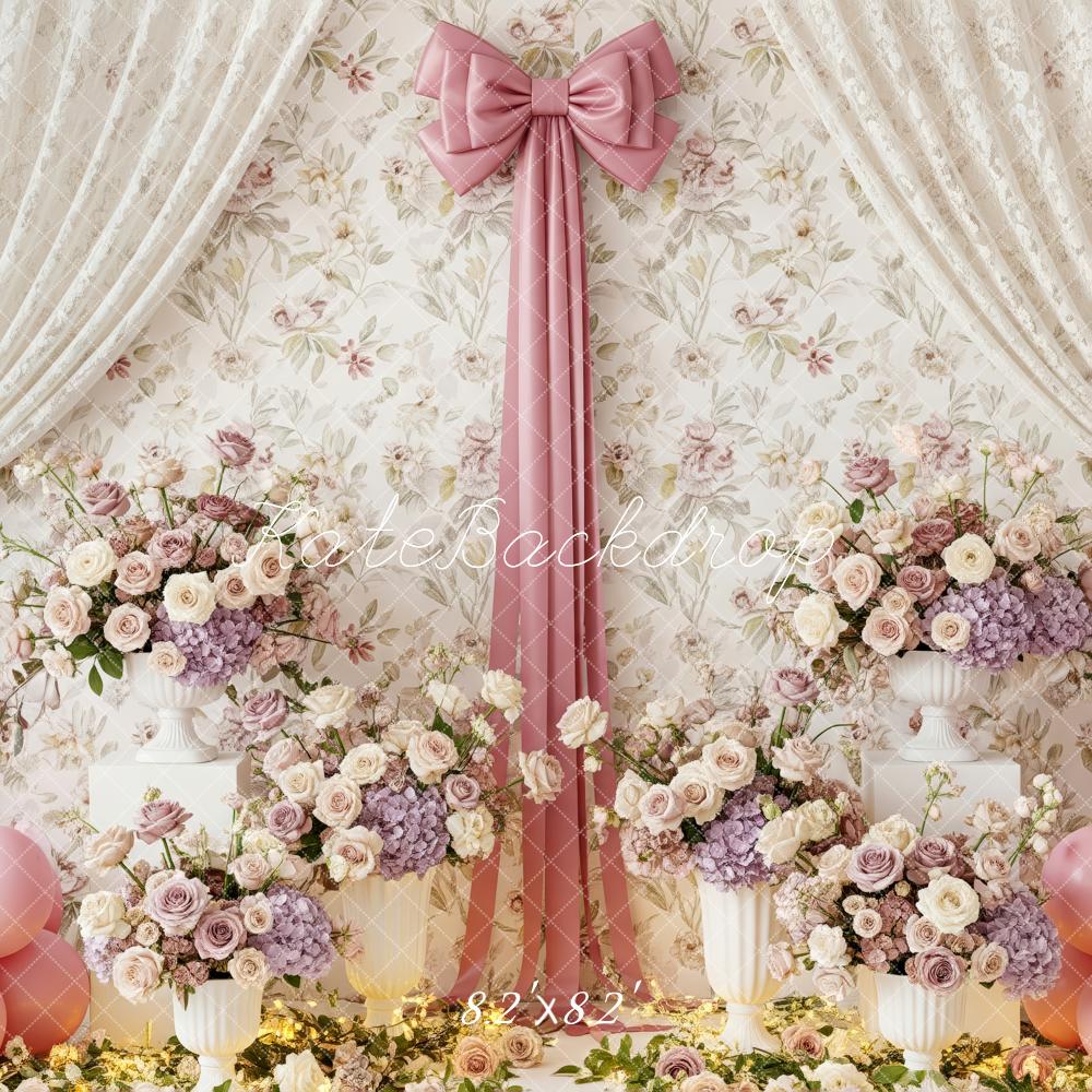 Kate Spring Mother's Day Floral Curtain Pink Bow Balloons Backdrop Designed by Patty Roberts